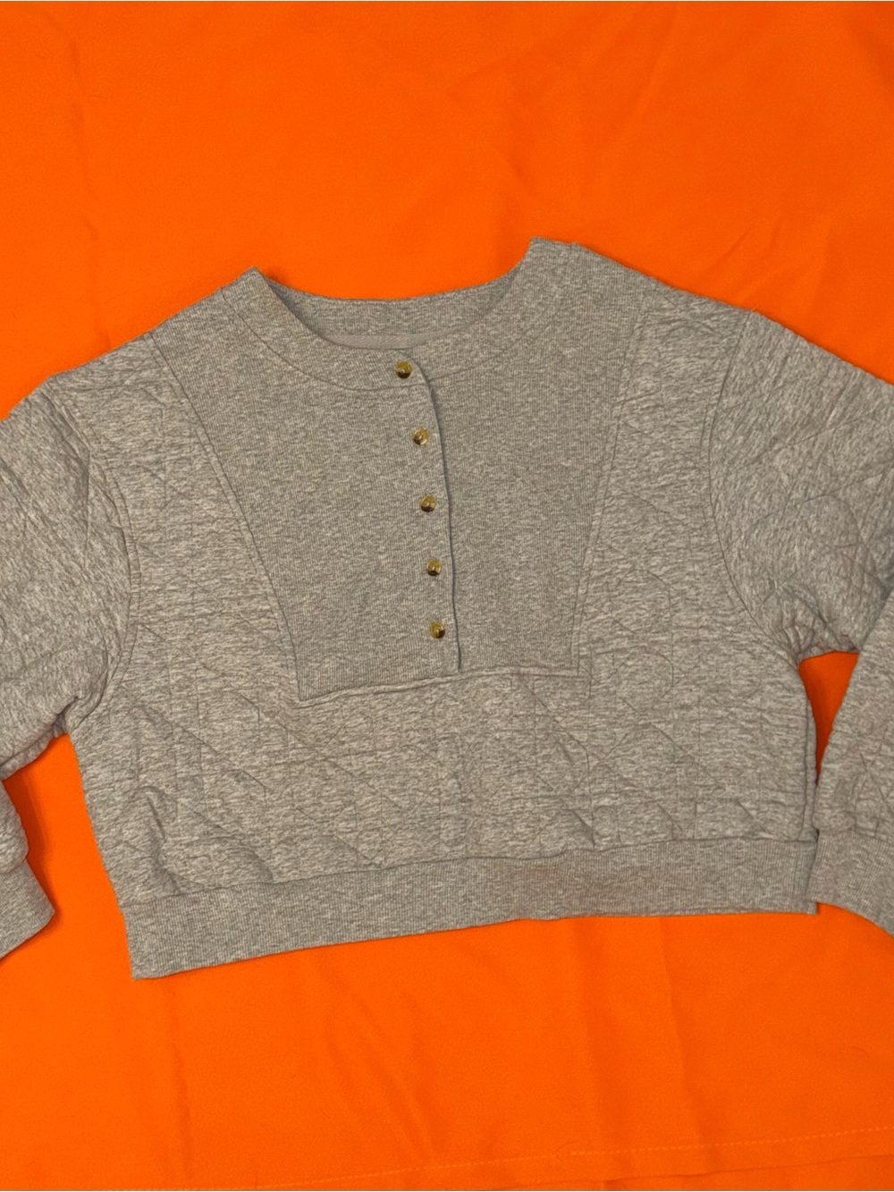 Anthropologie Heather Gray Quilted Crewneck with Gold Buttons